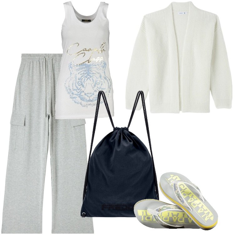 Outfit donna - Total look #1873032. Stile Trendy per Tutti i giorni. Abbinamento con pantaloni, cardigans, zaini, infradito, canottiere.
