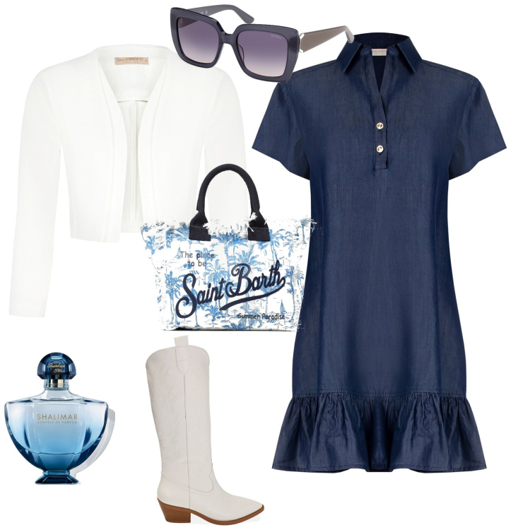 Outfit donna - Trendy aperitivo. Stile Trendy per Tutti i giorni. Abbinamento con profumi, vestiti, blazer, stivali, occhiali da sole, borse tote.
