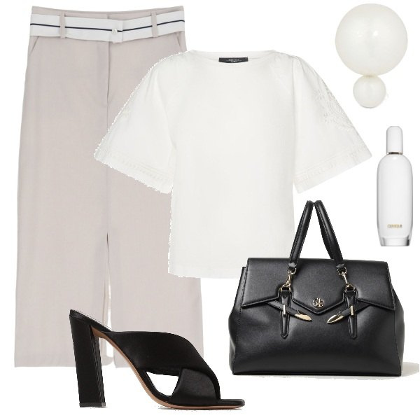 Outfit donna - ufficio bon ton. Stile Bon Ton per Ufficio. Abbinamento con profumi, gonne longuette, top, orecchini, sandali in pelle, borse a mano.