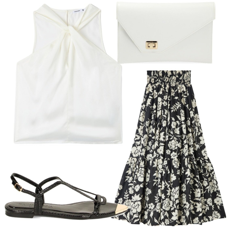 Outfit donna - Bianco nero. Stile Trendy per Serata fuori. Abbinamento con gonne lunghe, top, sandali, pochette.