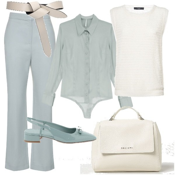 Outfit donna - polvere e panna. Stile Trendy per Ufficio. Abbinamento con body, top, cinture, scarpe col tacco, borse a mano, pantaloni.