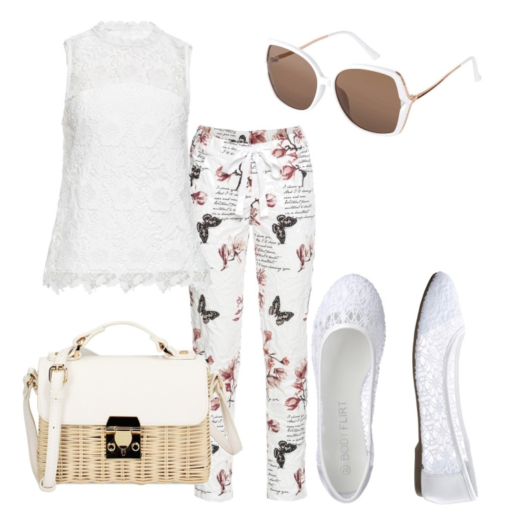Outfit donna - Total look #1873067. Stile Romantica per Tutti i giorni. Abbinamento con ballerine, pantaloni, top, occhiali da sole, borse a tracolla.