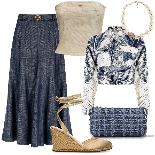 Outfit donna - una serata così. Stile Trendy per Serata fuori. Abbinamento con gonne longuette, blazer, top, zeppe, collane, borse a spalla.