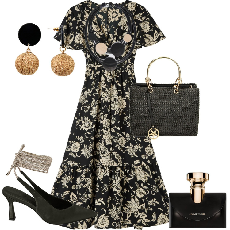 Outfit donna - Romantica floreale beige e nero. Stile Romantica per Serata fuori. Abbinamento con orecchini, profumi, vestiti lunghi, décolleté, borse a mano, collane.