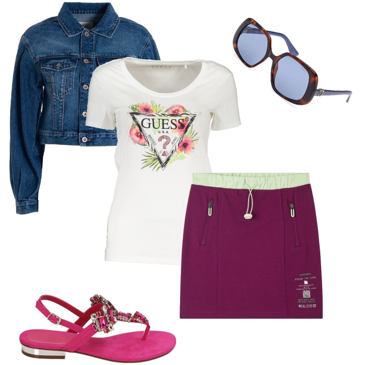 Outfit donna - La minigonna con coulisse. Stile Casual chic per Tutti i giorni. Abbinamento con minigonne, giacche, ciabatte, t-shirt, occhiali da sole.