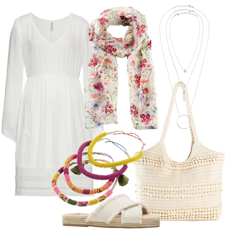 Outfit donna - Total look #1873078. Stile Boho per Tutti i giorni. Abbinamento con foulard, ciondoli, ciabatte, vestiti corti, shopping bag, braccialetti.