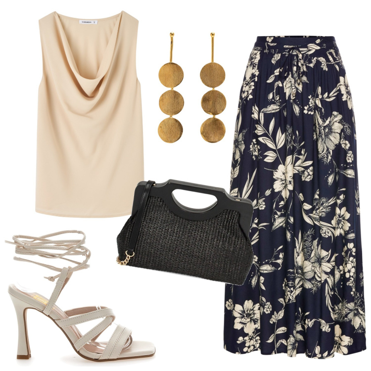 Outfit donna - Beige e nero. Stile Casual chic per Serata fuori. Abbinamento con gonne lunghe, top, borse a mano, sandali col tacco, orecchini.