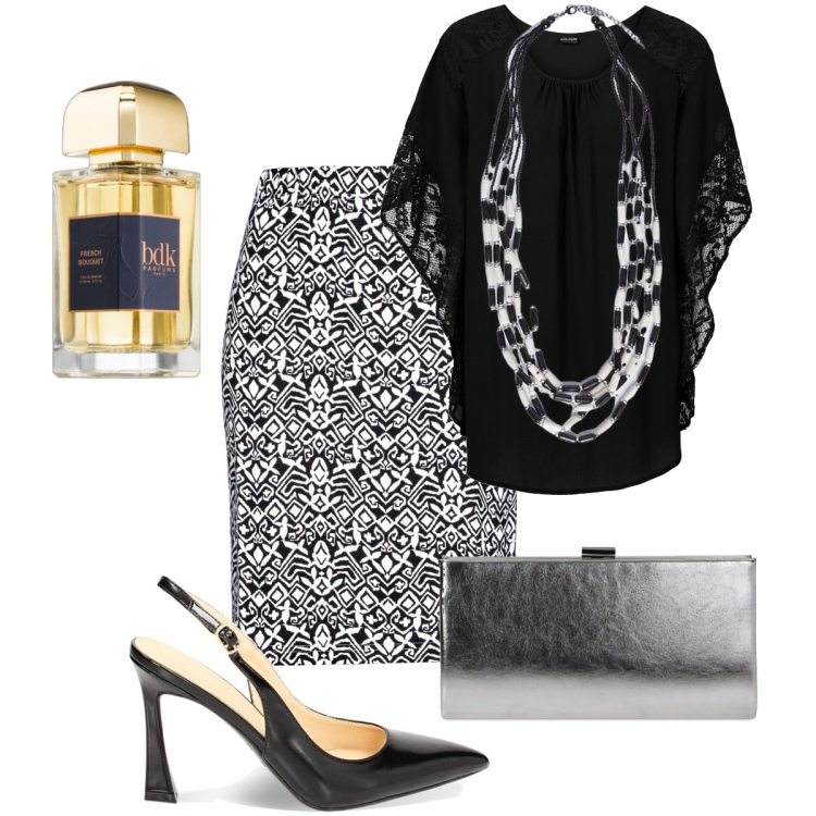 Outfit donna - Eleganza classica. Stile Bon Ton per Serata fuori. Abbinamento con gonne, bluse, profumi, décolleté, pochette, collane.