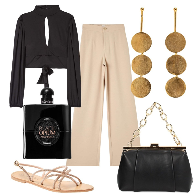Outfit donna - Total look #1873090. Stile Trendy per Serata fuori. Abbinamento con profumi, pantaloni, sandali, t-shirt, borse a spalla, orecchini.