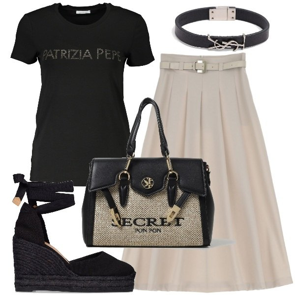Outfit donna - l\'ufficio glam. Stile Glamour per Ufficio. Abbinamento con gonne longuette, espadrillas, borse a mano, t-shirt, braccialetti.