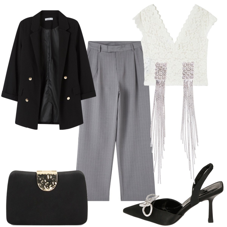 Outfit donna - Total look #1873107. Stile Chic per Cerimonia. Abbinamento con orecchini, t-shirt, pantaloni, blazer, décolleté, clutch.