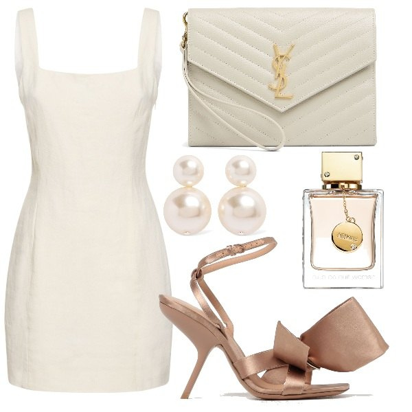 Outfit donna - un\'opera d\'arte ai piedi. Stile Chic per Serata fuori. Abbinamento con profumi, vestiti, pochette, orecchini, sandali in pelle.
