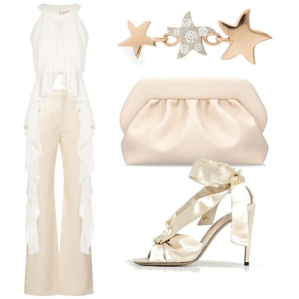 Outfit donna - elegantissima alla cerimonia. Stile Chic per Cerimonia. Abbinamento con top, pantaloni, orecchini, pochette, sandali in pelle.