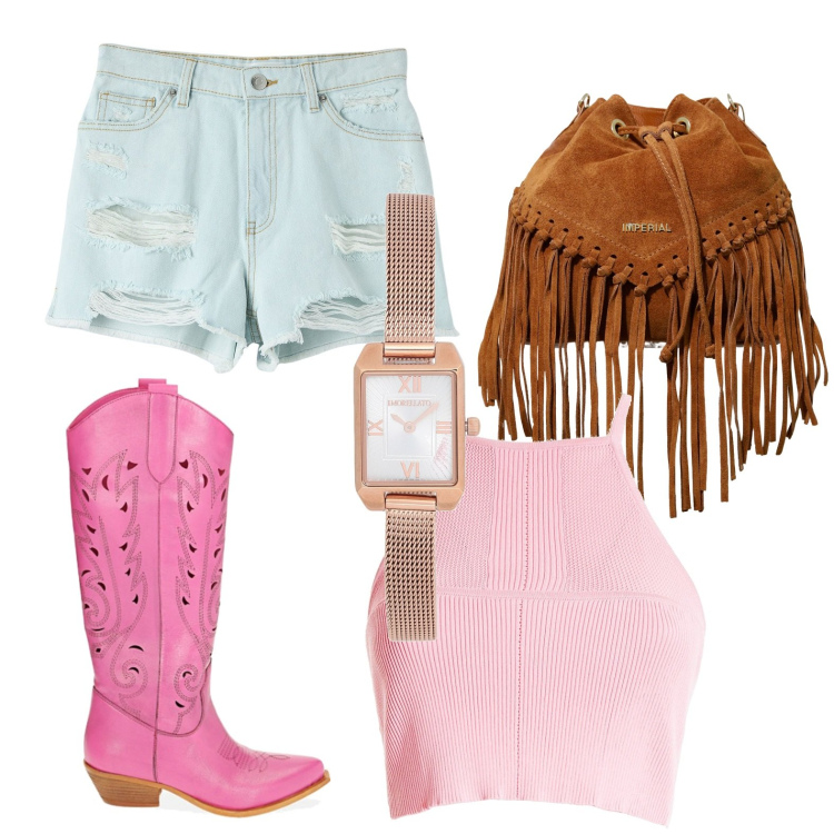 Outfit donna - Camperos rosa. Stile Urban per Tutti i giorni. look ideale per Petite. Abbinamento con orologi, shorts, top, borse a secchiello, stivali.