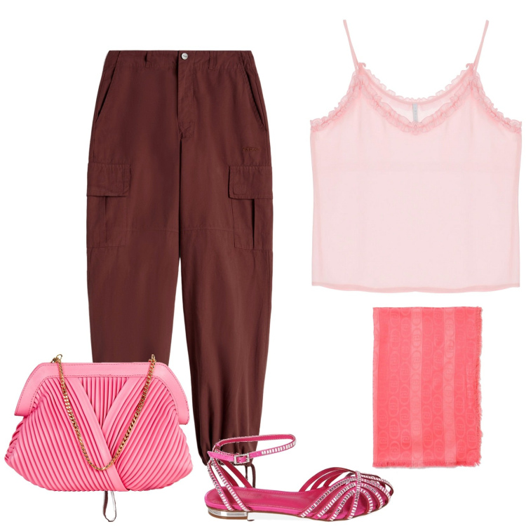 Outfit donna - Pink girl. Stile Casual per Tutti i giorni. Abbinamento con pochette, top, pantaloni cargo, ballerine, sciarpe.