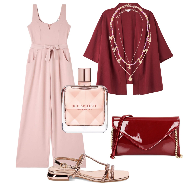 Outfit donna - Serata “Irresistible”. Stile Glamour per Serata fuori. Abbinamento con ciondoli, profumi, tute, kimono, pochette, sandali gioiello.