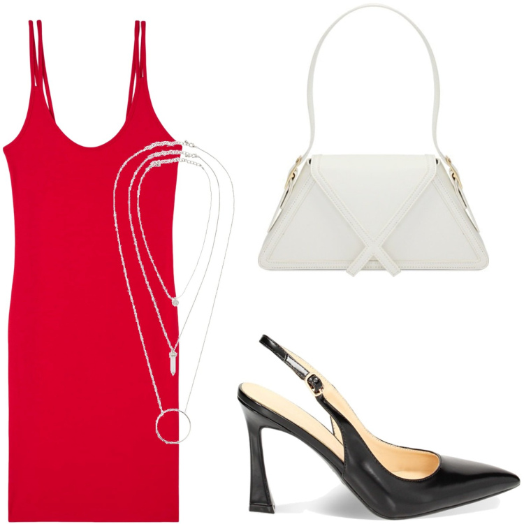 Outfit donna - Abito rosso minimal. Stile Casual chic per Ufficio. look ideale per Petite. Abbinamento con ciondoli, vestiti, borse a spalla, décolleté.