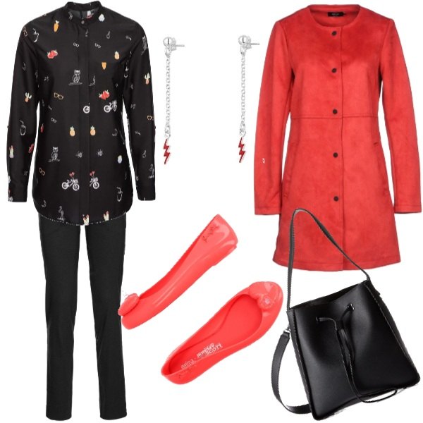 Outfit donna - La camicia coi disegni. Stile Trendy per Tutti i giorni. Abbinamento con pantaloni, camicia oversize nero, soprabito effetto scamosciato collo tondo a maniche lunghe interno sfoderato tinta unita, ballerine contrasto senza tacco interno sfoderato con punta tonda tinta unita, borsa a secchiello nero, orecchini in argento 925.