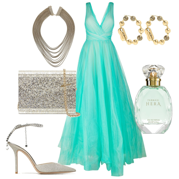 Outfit donna - Principessa. Stile Glamour per Cerimonia. Abbinamento con profumi, vestiti, pochette, collane, orecchini, décolleté.