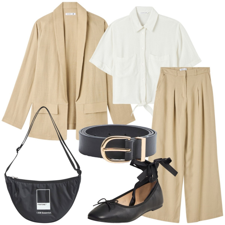 Outfit donna - Total look #1873229. Stile Casual chic per Ufficio. Abbinamento con pantaloni, marsupi, camicie a manica corta, blazer, ballerine, cinture.