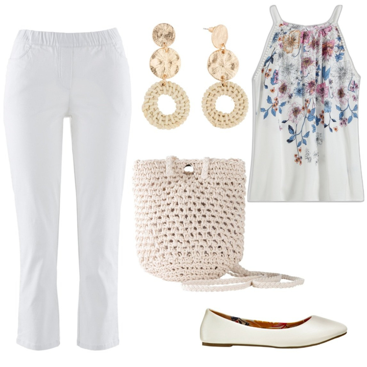 Outfit donna - Estate in bianco. Stile Casual per Tutti i giorni. Abbinamento con pantaloni, ballerine, orecchini, top, borse a tracolla.