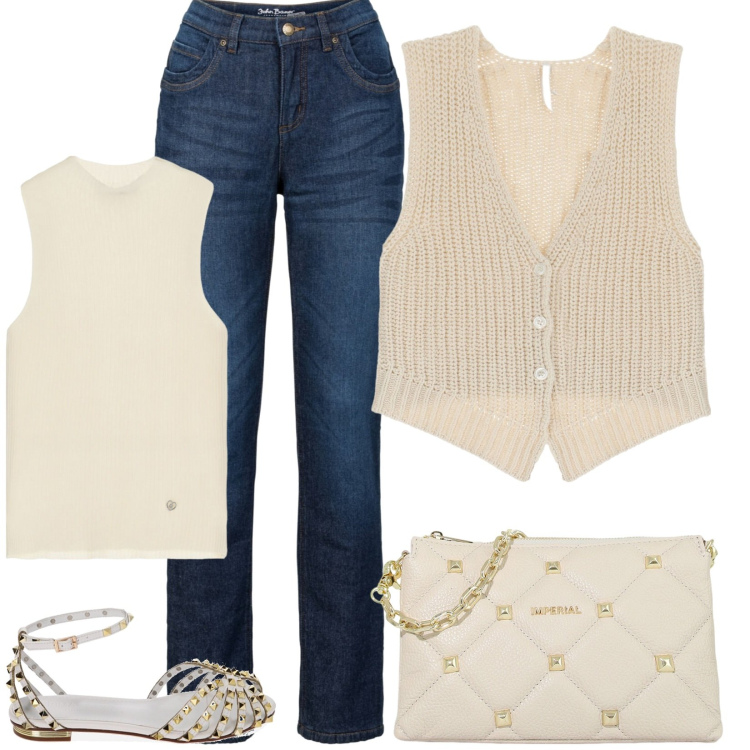 Outfit donna - Gilet di maglia. Stile Minimal per Tutti i giorni. Abbinamento con jeans dritti, top, pochette, gilet, ballerine.