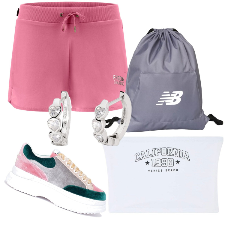 Outfit donna - Jogging in citta\'. Stile Sporty chic per Tutti i giorni. look ideale per Petite. Abbinamento con top, orecchini, zaini, sneakers, shorts.