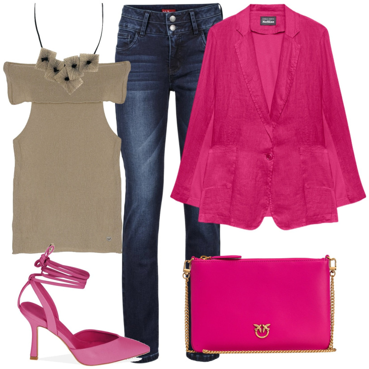 Outfit donna - Dall\'ufficio a cena. Stile Casual chic per Tutti i giorni. Abbinamento con jeans, ciondoli, borse a tracolla, top, décolleté, blazer.