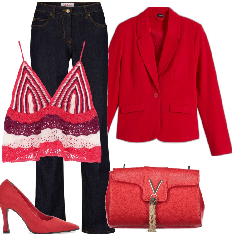 Outfit donna - Dall\'ufficio a cena. Stile Casual chic per Tutti i giorni. Abbinamento con jeans dritti, blazer, top, borse a tracolla, décolleté.