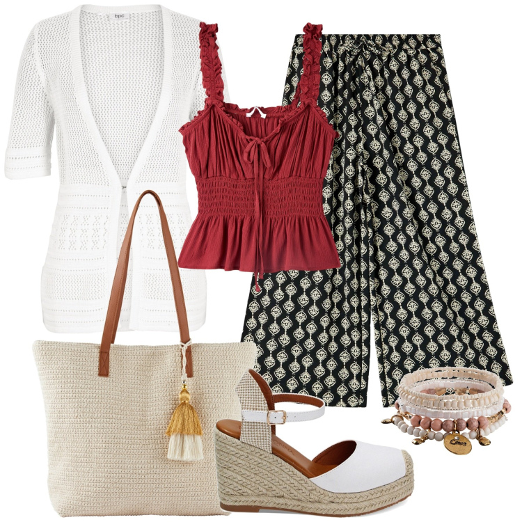 Outfit donna - Bohemien. Stile Boho per Tutti i giorni. Abbinamento con braccialetti, cardigans, shopping bag, pantaloni a palazzo, top, zeppe.