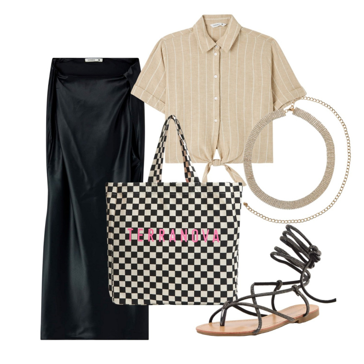 Outfit donna - Ghost outfitter - maggio. Stile Trendy per Tutti i giorni. Abbinamento con vestiti corti, shopping bag, sandali alla schiava, camicie a manica corta, collane.