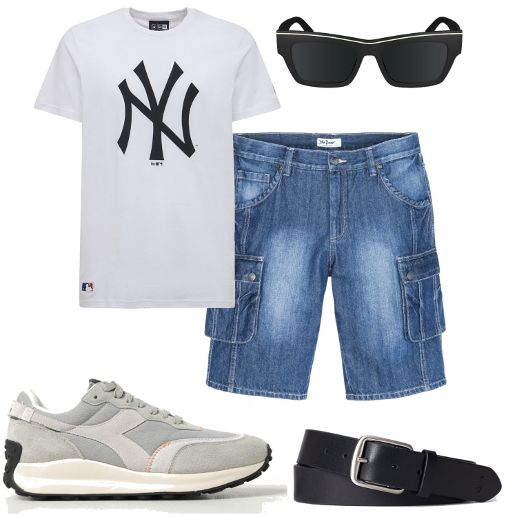 Outfit uomo - In libertà e senza limiti. Stile Casual per Tutti i giorni. Abbinamento con bermuda, cinture, t-shirt, sneakers, occhiali da sole.