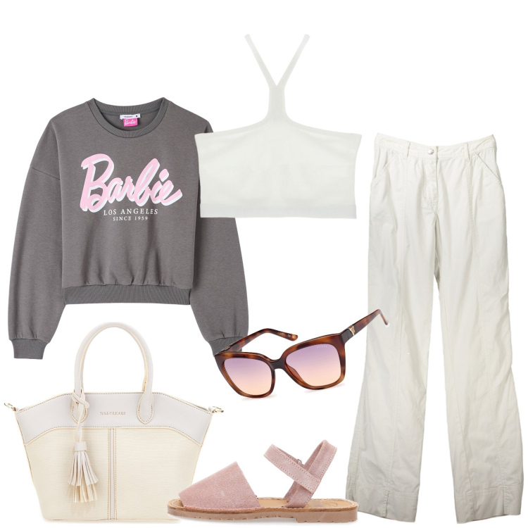 Outfit donna - Total look #1873311. Stile Casual per Tutti i giorni. Abbinamento con felpe, top, pantaloni, sandali in pelle, occhiali da sole, borse a mano.