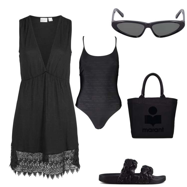 Outfit donna - Spiaggia in black. Stile Chic per Mare. Abbinamento con vestiti da spiaggia, costumi, ciabatte, shopping bag, occhiali da sole.