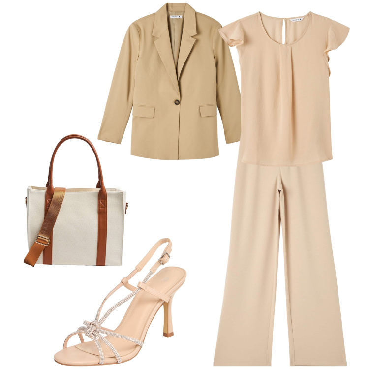 Outfit donna - In lino, ma col sandalo gioiello. Stile Mannish per Cerimonia. Abbinamento con bluse, pantaloni, blazer, sandali col tacco, shopping bag.