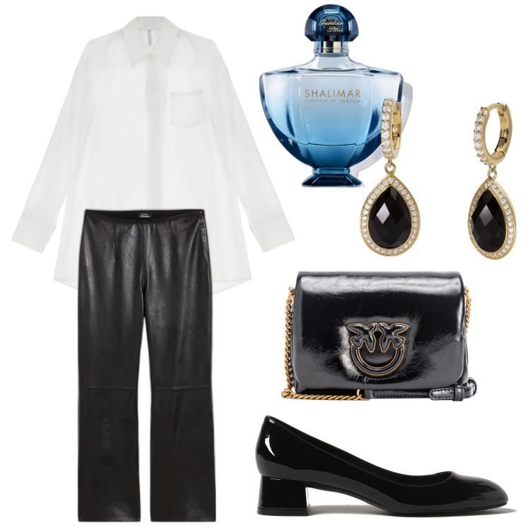 Outfit donna - Lucida. Stile Mannish per Serata fuori. Abbinamento con pantaloni, profumi, orecchini, borse a tracolla, camicie, scarpe col tacco.