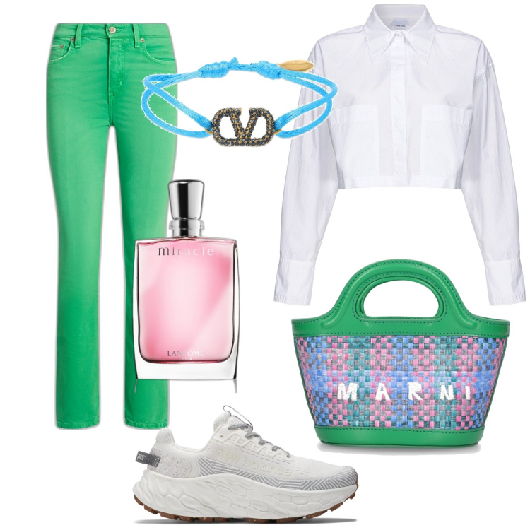 Outfit donna - Total look #1873330. Stile Trendy per Tutti i giorni. Abbinamento con profumi, camicie, sneakers, jeans dritti, braccialetti, shopping bag.