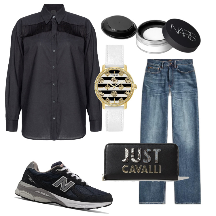 Outfit donna - Total look #1873331. Stile Urban per Tutti i giorni. Abbinamento con orologi, ciprie, camicie, sneakers, jeans dritti, portafogli.