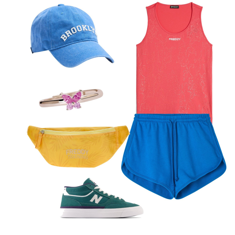 Outfit donna - Sportivo coloratissimo look. Stile Sporty chic per Sport. Abbinamento con cappelli, pantaloncini sportivi, anelli, sneakers, marsupi, canottiere.