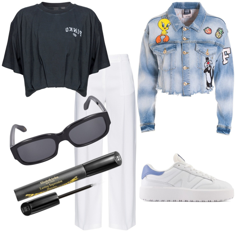 Outfit donna - Di giorno. Stile Trendy per Tutti i giorni. Abbinamento con mascara, pantaloni, t-shirt, sneakers, blazer, occhiali da sole.