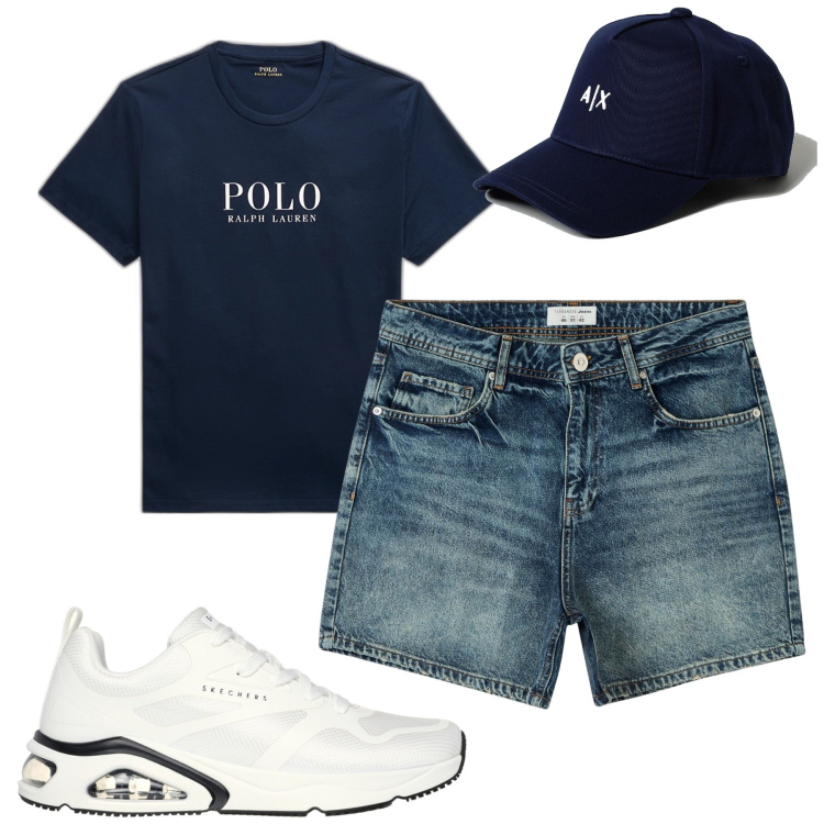 Outfit uomo - City. Stile Casual per Tutti i giorni. Abbinamento con shorts, t-shirt, sneakers, cappelli.