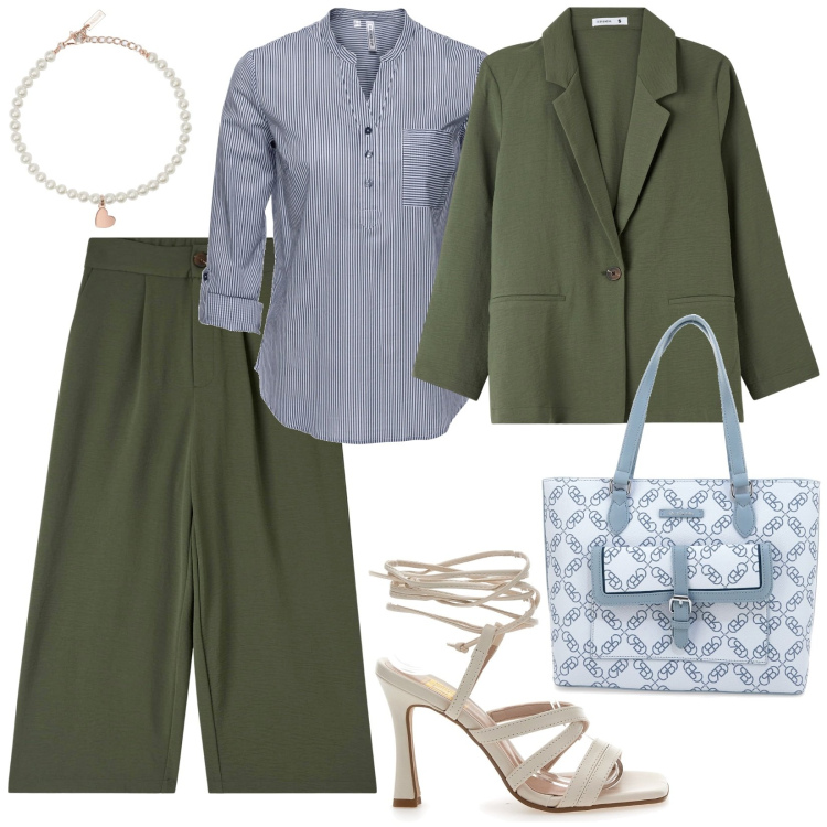 Outfit donna - Coordinato verde militare. Stile Casual per Ufficio. Abbinamento con tuniche, pantaloni a palazzo, blazer, braccialetti, sandali col tacco, borse a spalla.