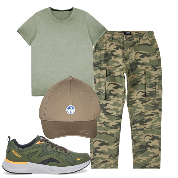 Outfit uomo - Military. Stile Casual per Tutti i giorni. Abbinamento con pantaloni cargo, t-shirt, sneakers, cappelli con visiera.