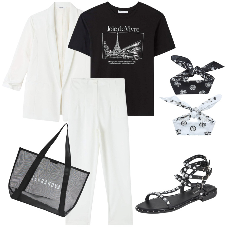 Outfit donna - Bianco e nero. Abbinamento con pantaloni chino, t-shirt, sandali, blazer, fasce per capelli, shopping bag.