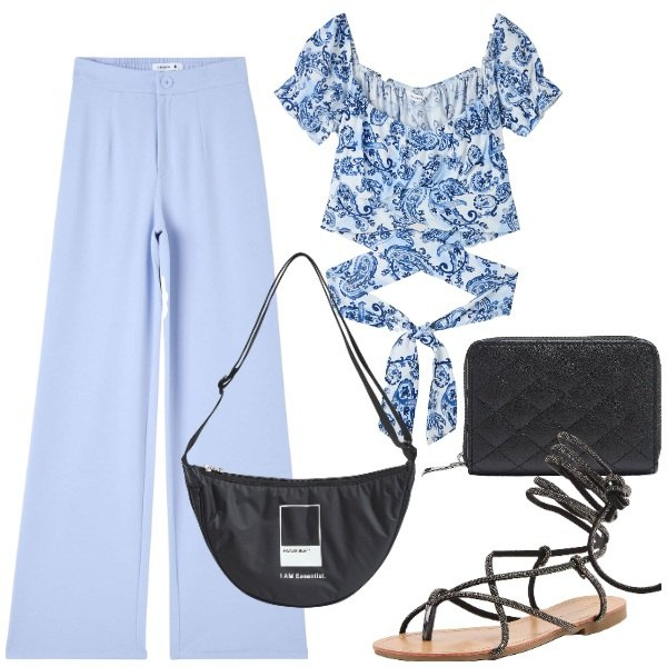 Outfit donna - Il fiori delicati. Stile Basic per Mare. Abbinamento con bluse, marsupi, pantaloni, sandali alla schiava, portafogli.