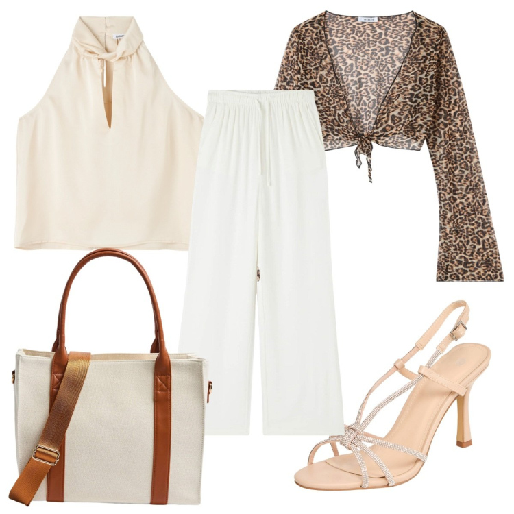 Outfit donna - Terranova : lino trendy. Stile Trendy per Tutti i giorni. Abbinamento con pantaloni, canottiere, bolero, sandali col tacco, shopping bag.