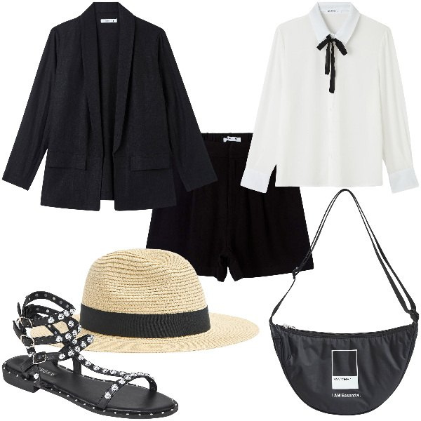 Outfit donna - Total look #1873411. Stile Trendy per Tutti i giorni. Abbinamento con bermuda, cappelli, marsupi, camicie, blazer, sandali.