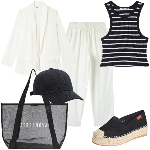 Outfit donna - Total look #1873413. Stile Basic per Tutti i giorni. Abbinamento con pantaloni, cappelli, espadrillas, blazer, canottiere, shopping bag.