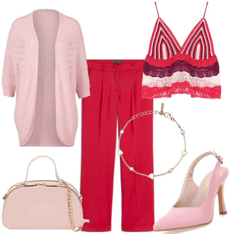 Outfit donna - Rosa+rosso. Stile Casual chic per Serata fuori. Abbinamento con pantaloni, cardigans, braccialetti, top, borse a mano, décolleté.