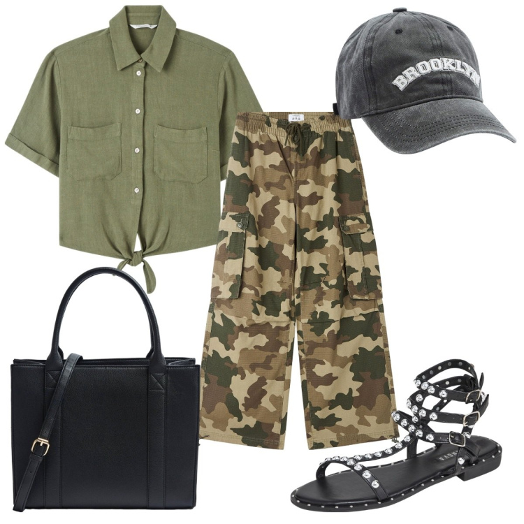 Outfit donna - Terranova : lino military. Stile Military per Tutti i giorni. Abbinamento con camicie a manica corta, cappelli, pantaloni cargo, shopping bag, sandali.